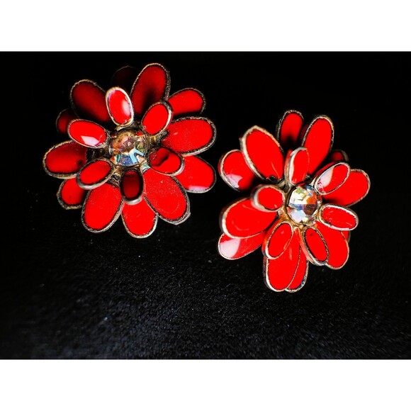Vintage Red Flower Enamel Pierced Earrings - With Sparkle - Picture 1 of 4